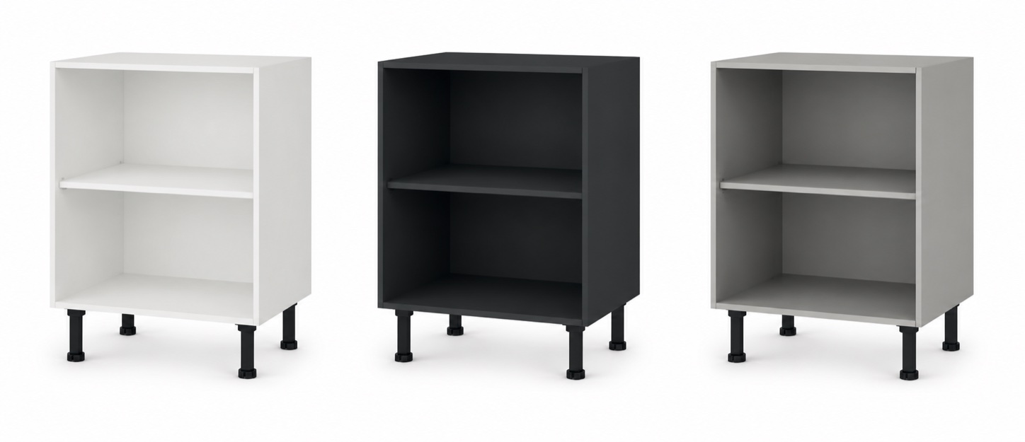Trois caissons classiques ouverts en Blanc, Gris plomo et Gris aluminium
