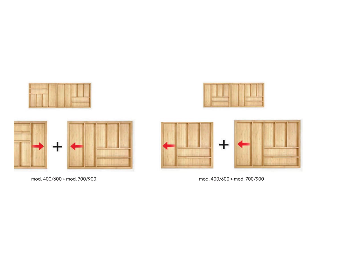 Deux orientations possibles pour combiner les modules de range-couverts extensibles en bambou