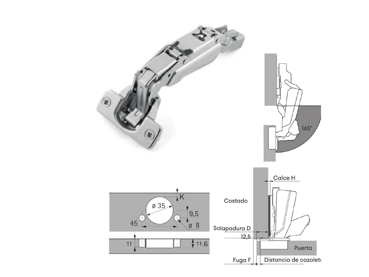 Schéma technique officiel de la charnière Intermat 165°