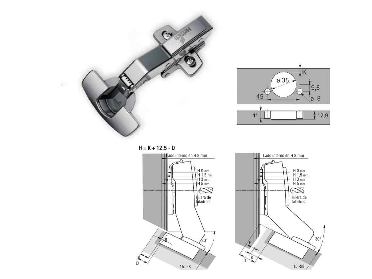 Schéma technique officiel de la charnière Sensys 30°