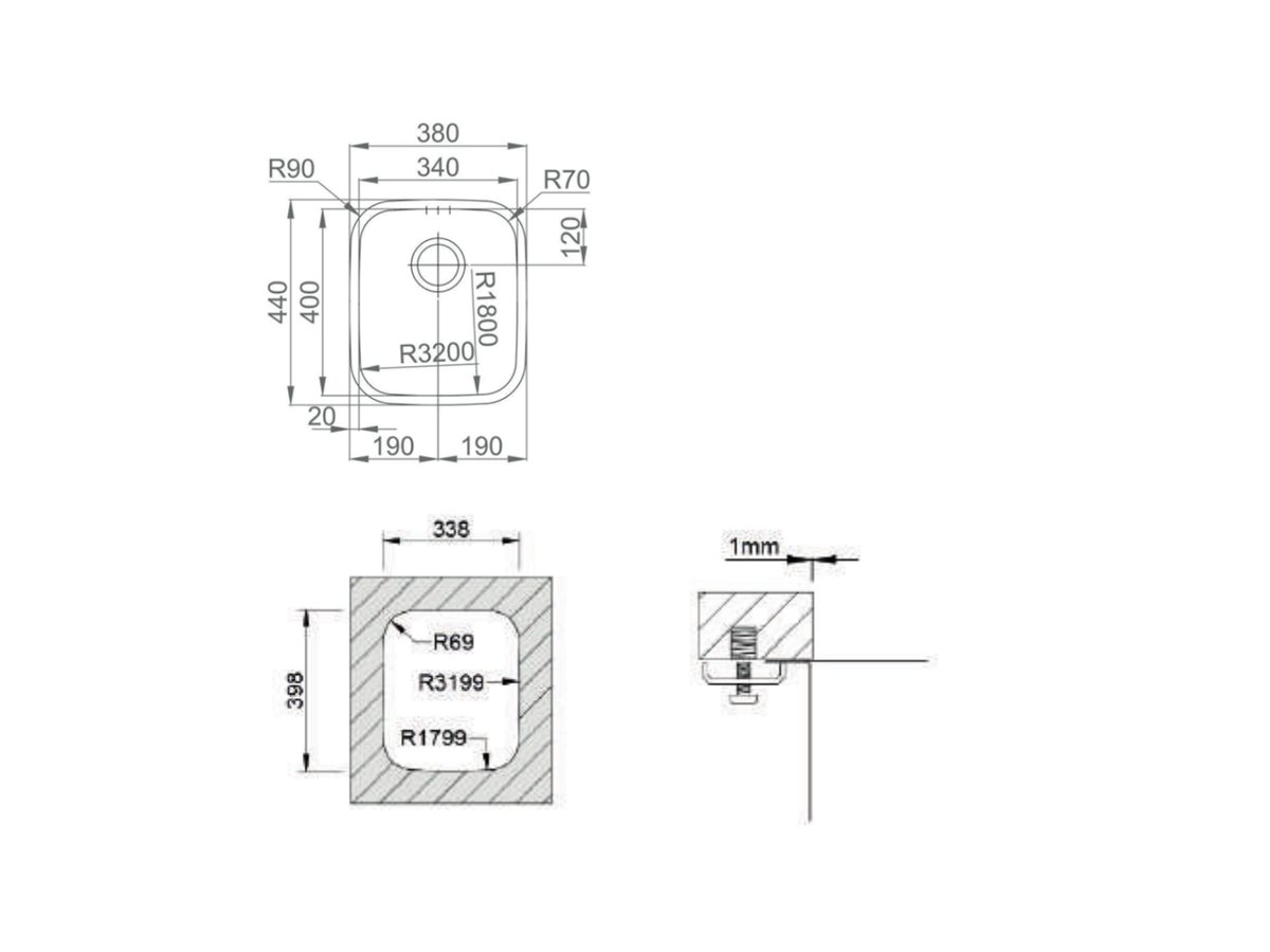 Croquis coté officiel de évier brasilia poli