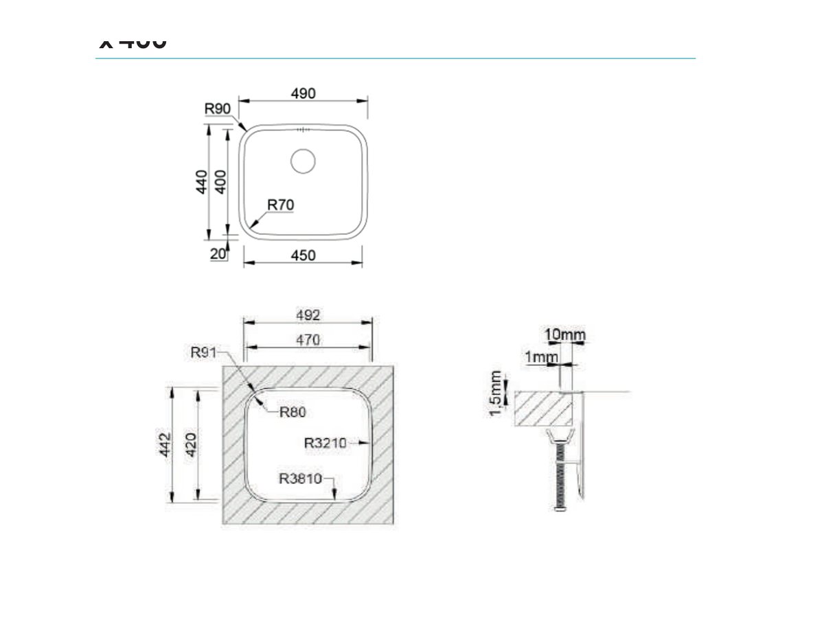 Croquis coté officiel de évier laguna intérieur poli