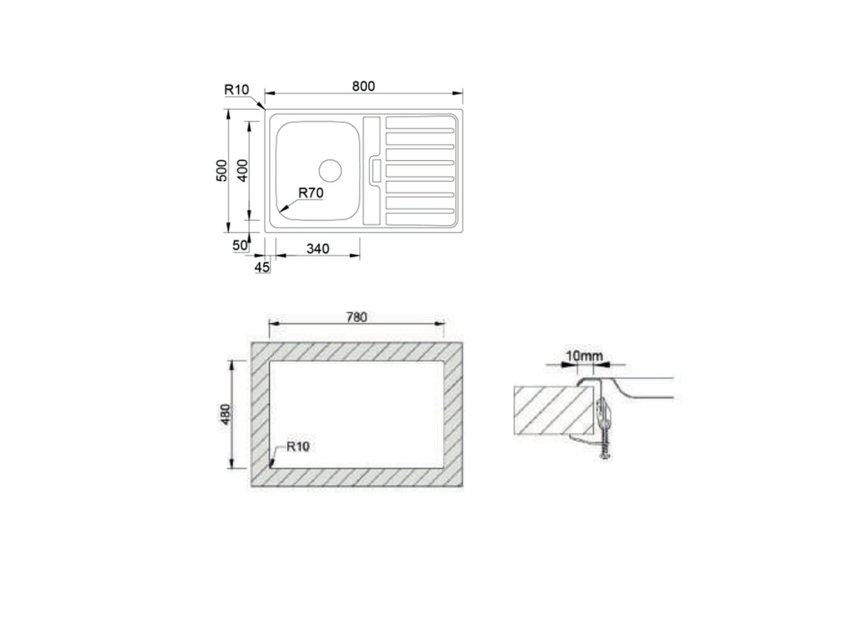 Croquis coté officiel de évier urban 80 flat poli · cuve et égouttoir