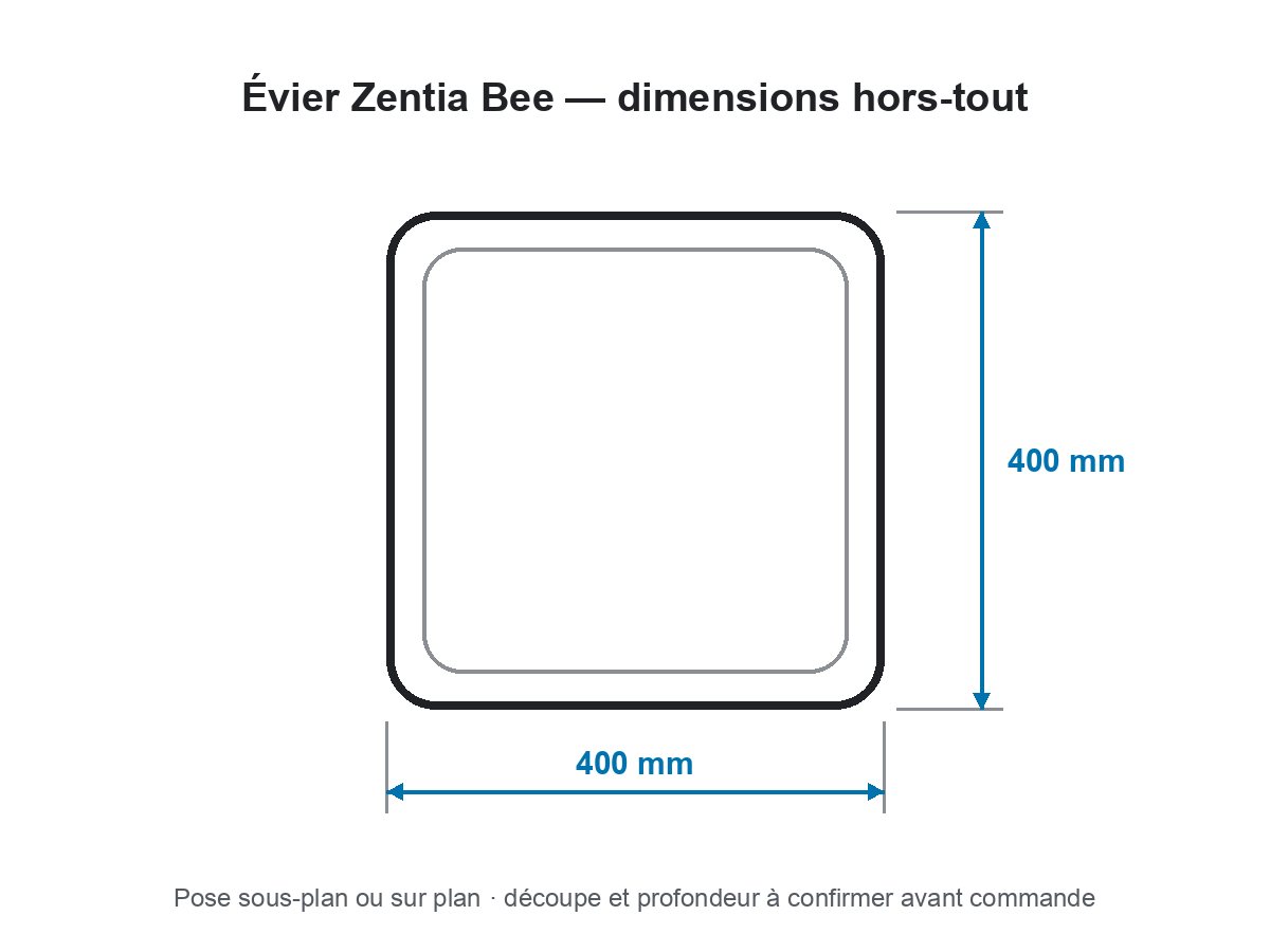 Schéma des dimensions hors-tout de évier zentia bee en résine · blanc