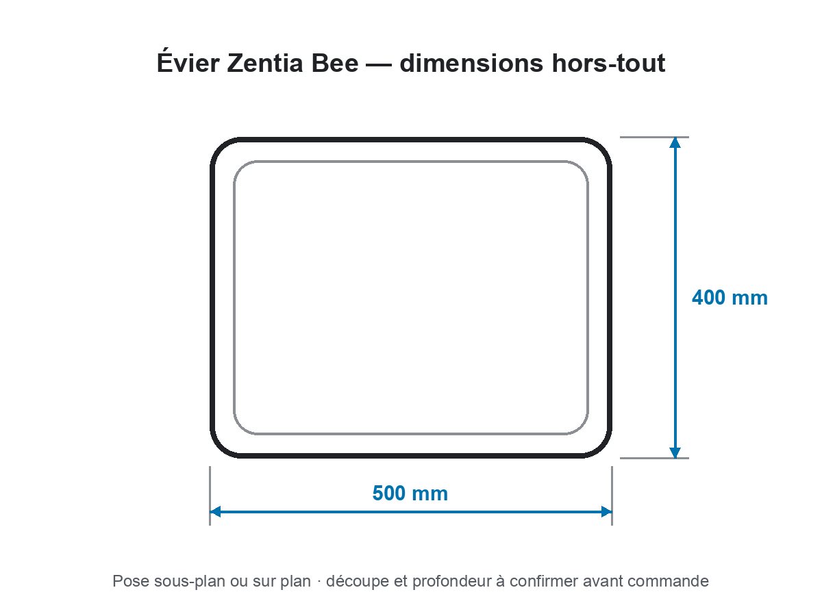 Schéma des dimensions hors-tout de évier zentia bee en résine · blanc