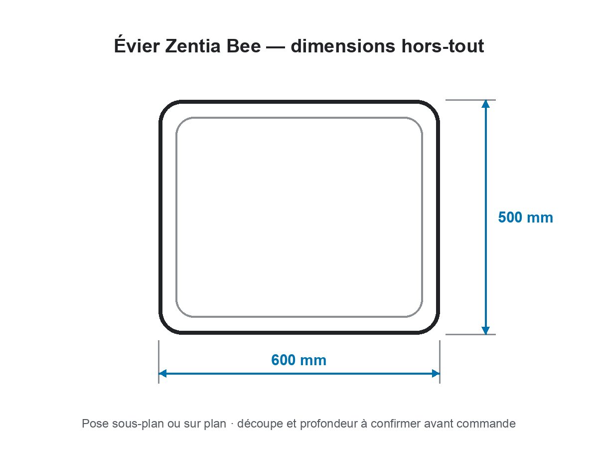 Schéma des dimensions hors-tout de évier zentia bee en résine · noir