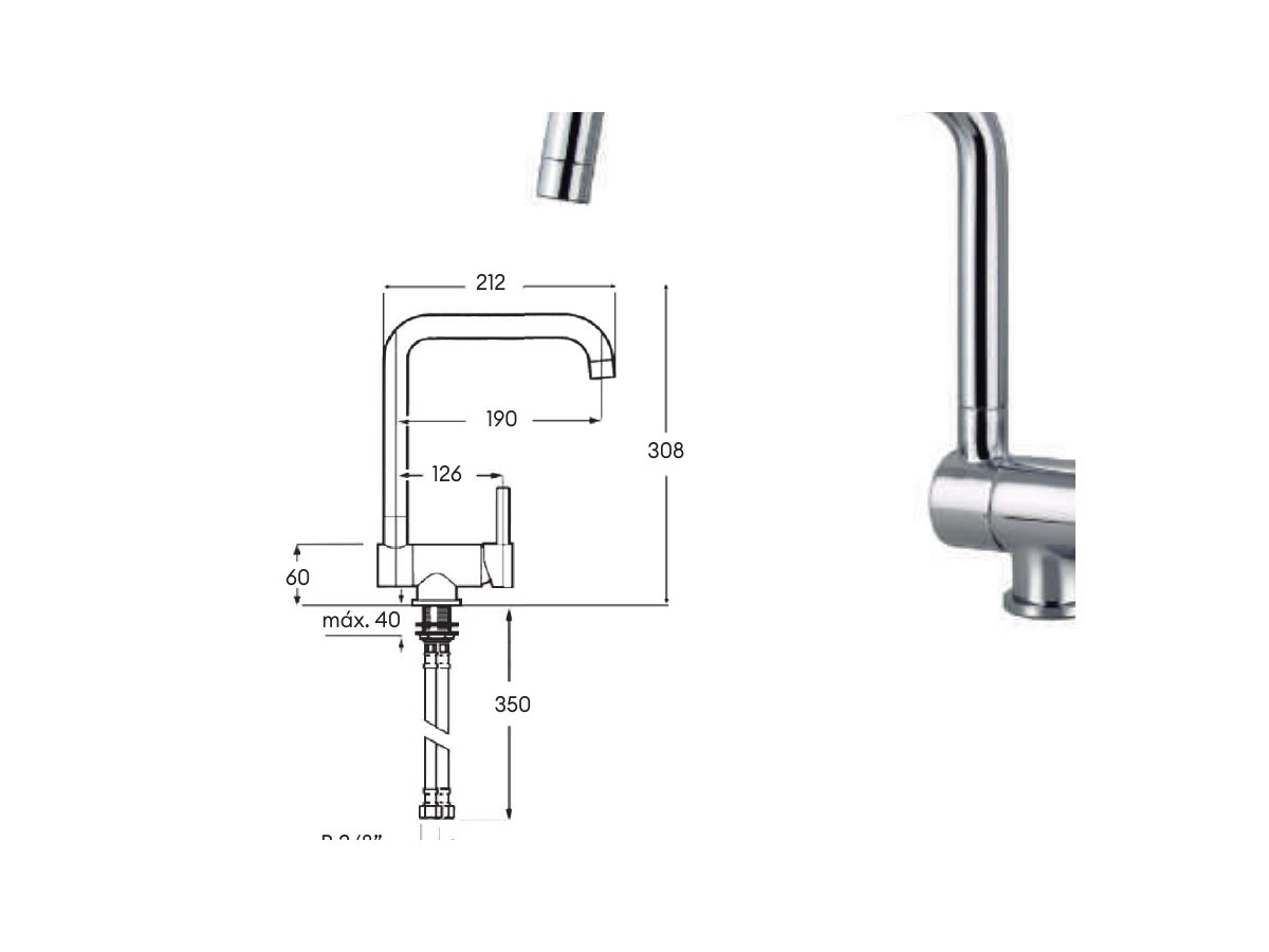 Croquis coté officiel de robinet de cuisine abattable
