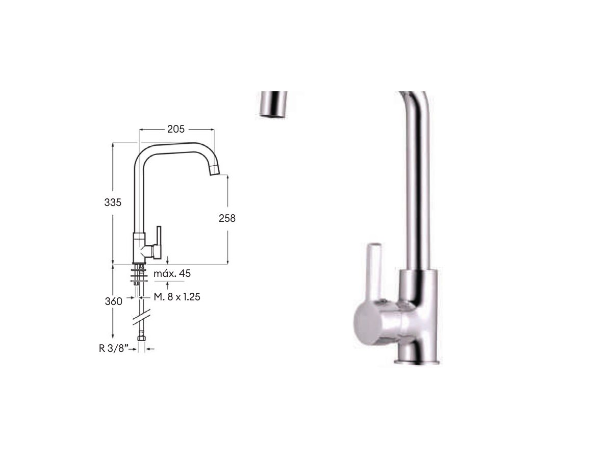 Croquis coté officiel de robinet de cuisine campos