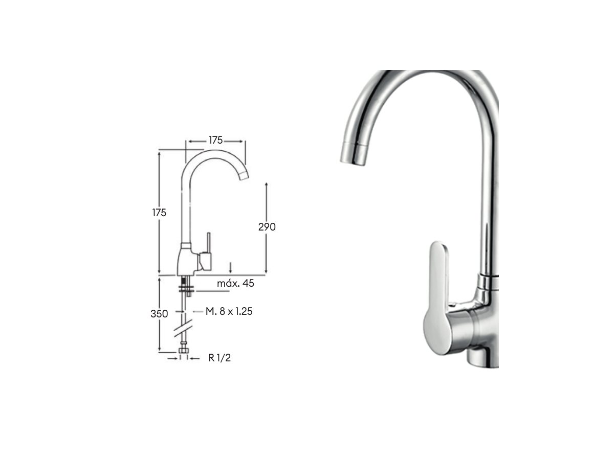 Croquis coté officiel de robinet de cuisine carrera