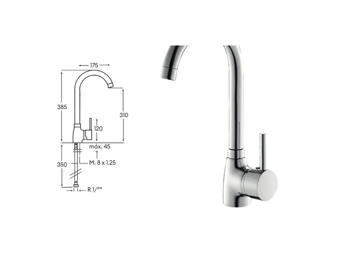 Croquis coté officiel de robinet de cuisine márquez