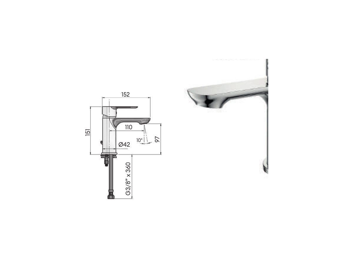 Croquis coté officiel de robinet de lavabo vent