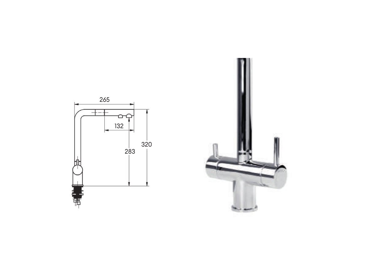 Croquis coté officiel de robinet de cuisine zenia osmose