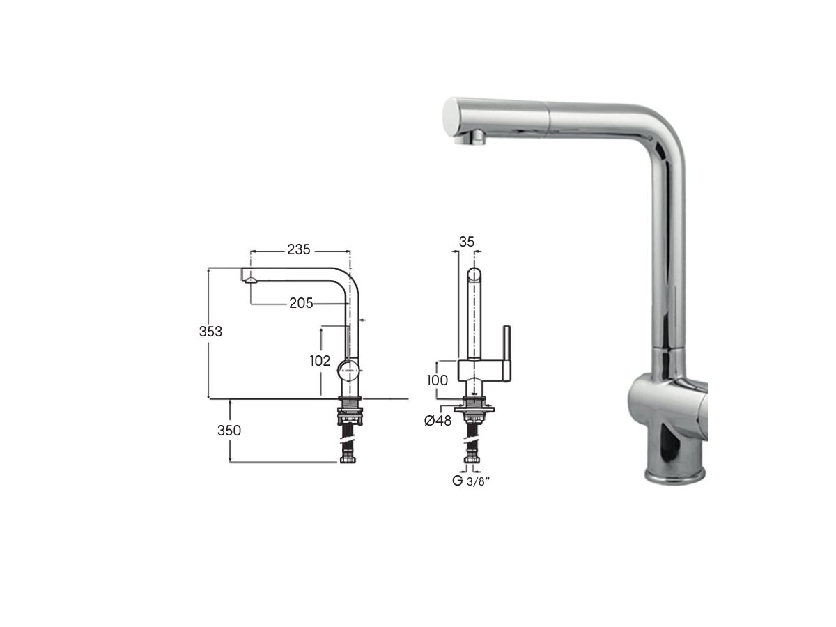 Croquis coté officiel de robinet de cuisine zeus