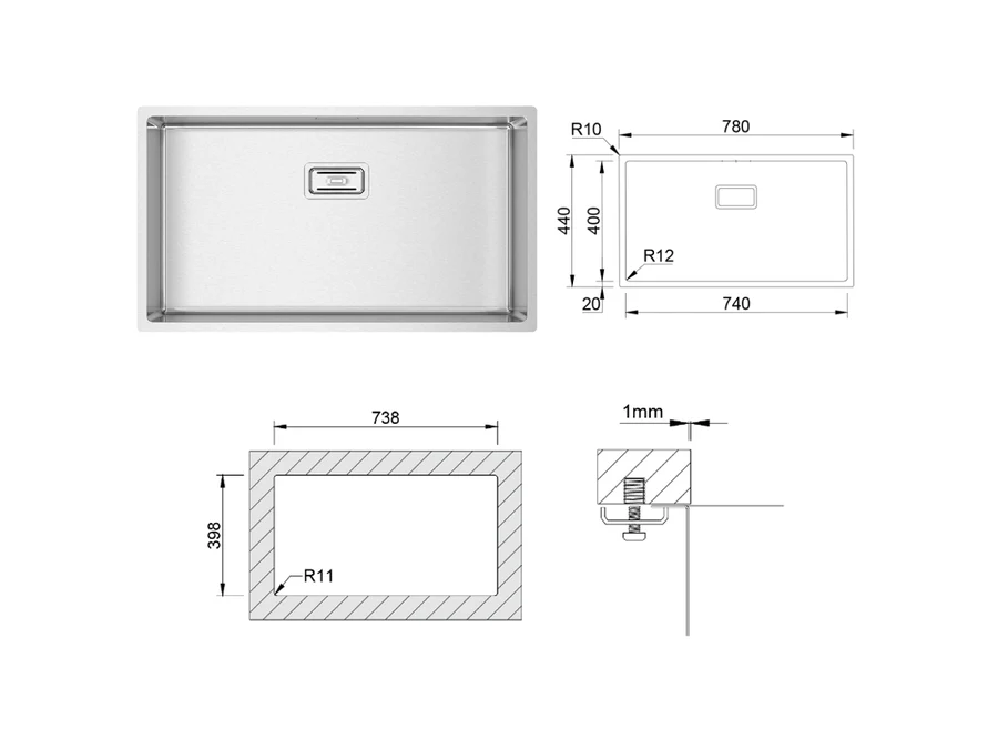 Eviers/robinets · Éviers · Caisson sous comptoir lux 740x400, vue du produit