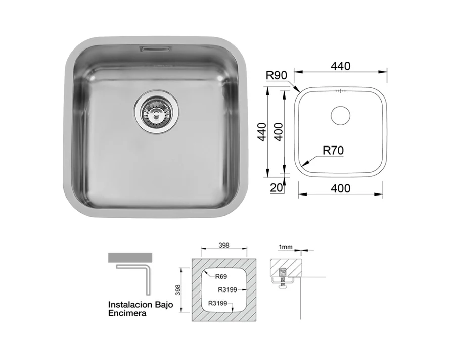 Cuve sous plan en inox pour cuisine