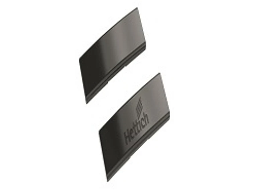 Charnière à plat · Hettich sensys · Cache de bras noir avec logo ALVIC, vue du produit