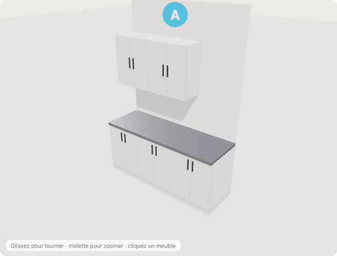 Vue 3D exacte de l’offre Studio avec trois meubles bas et deux meubles hauts