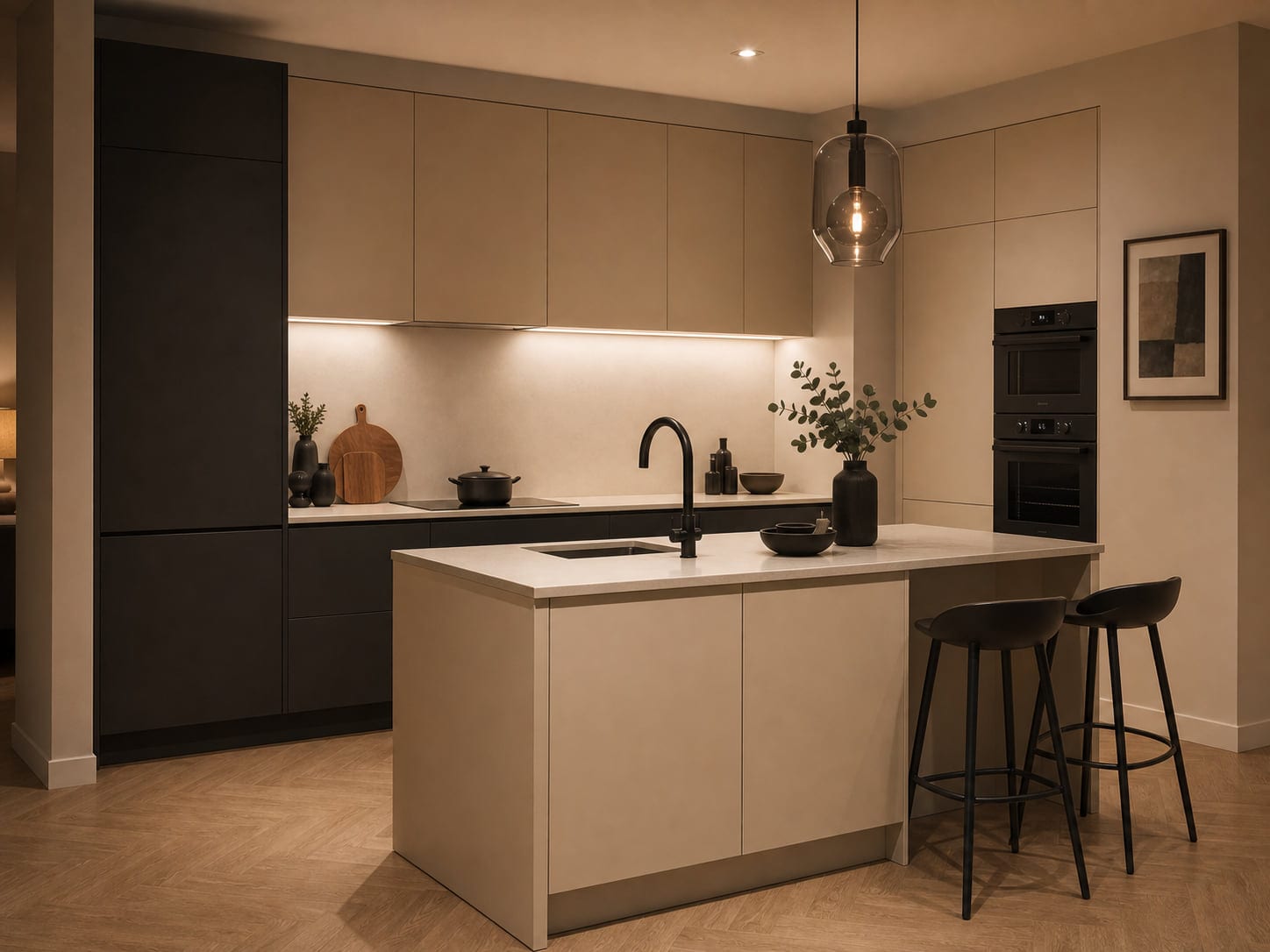 bandeau LED sous meubles hauts éclairant le plan de travail