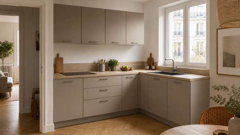 Ambiance réaliste de cuisine en L avec façades Mattdeco