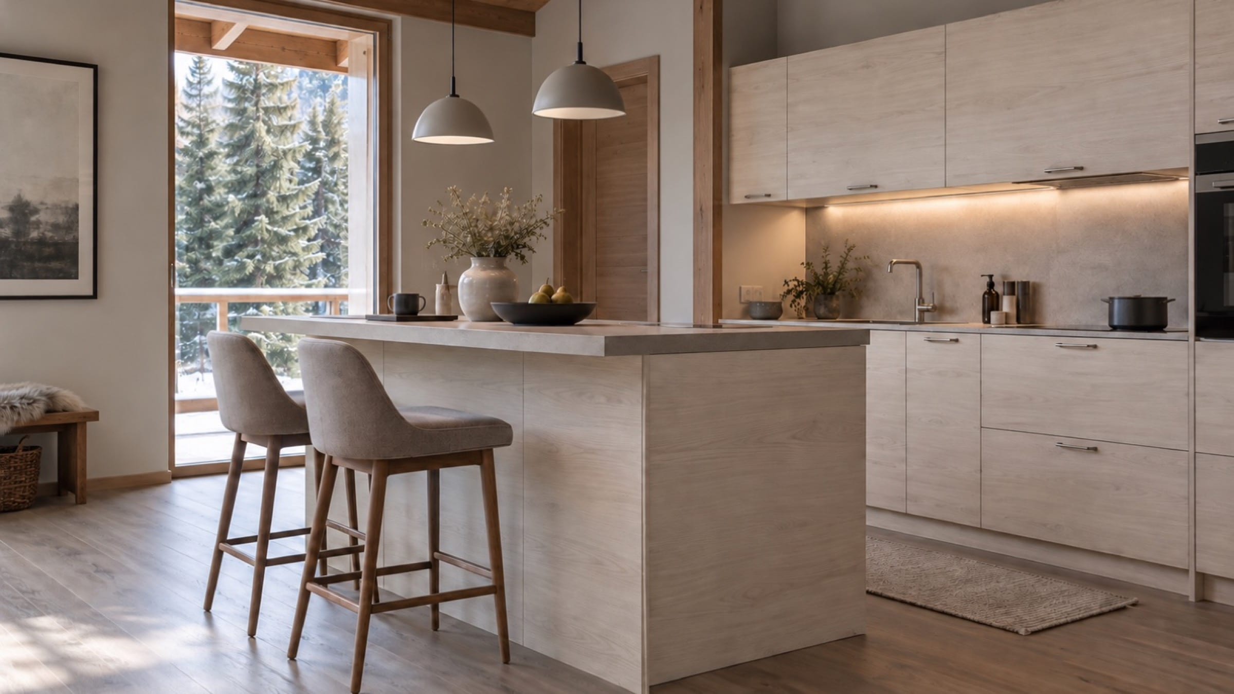 Îlot en bois avec deux tabourets devant une cuisine claire