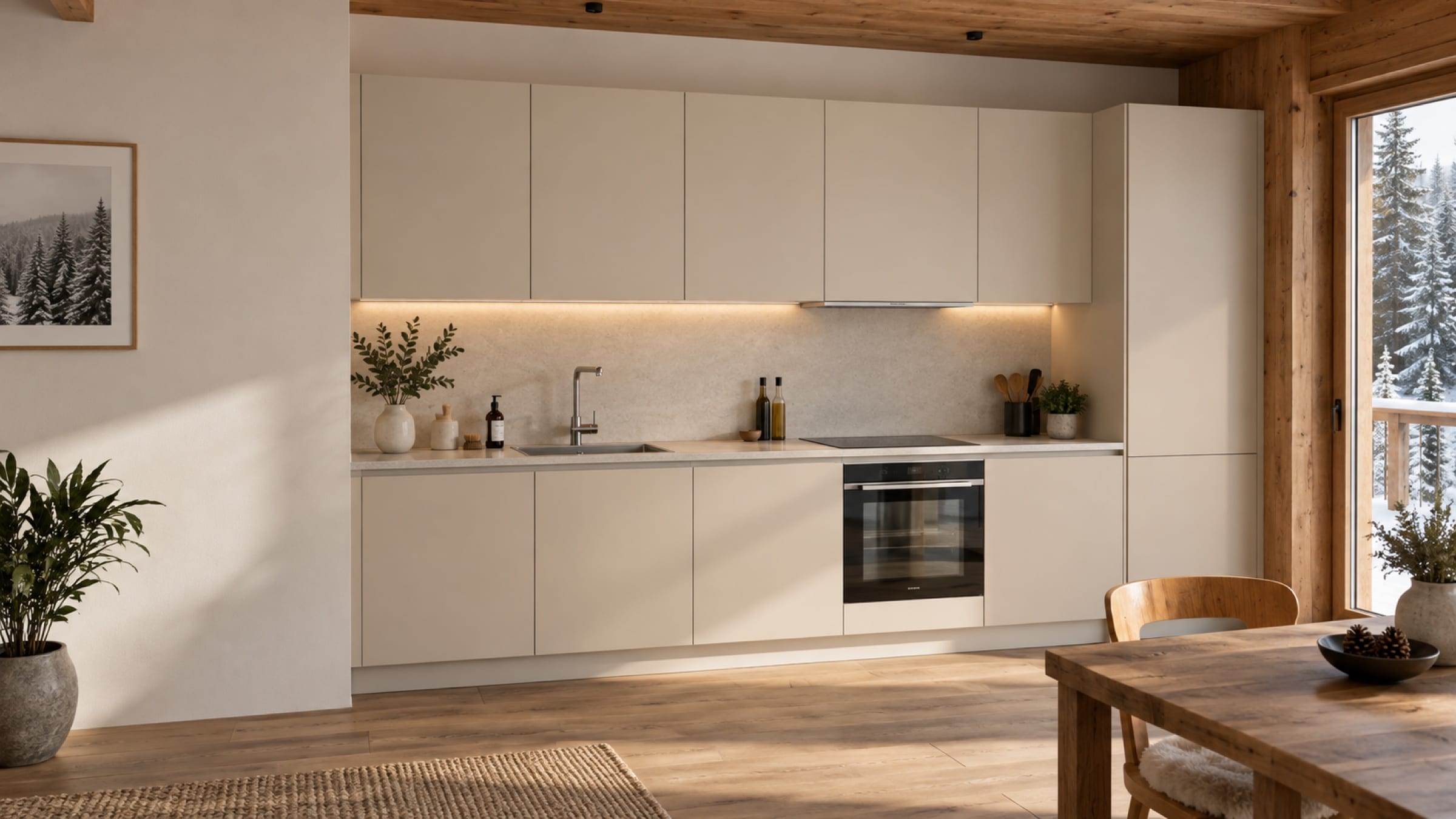 Cuisine linéaire en&nbsp;I sur un mur aux façades Laqué mat Beige lin
