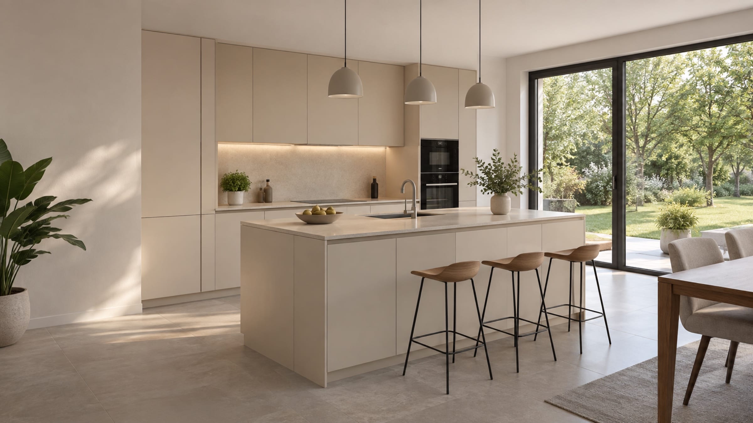 Cuisine avec îlot central aux façades Mattdeco mat Cashmere