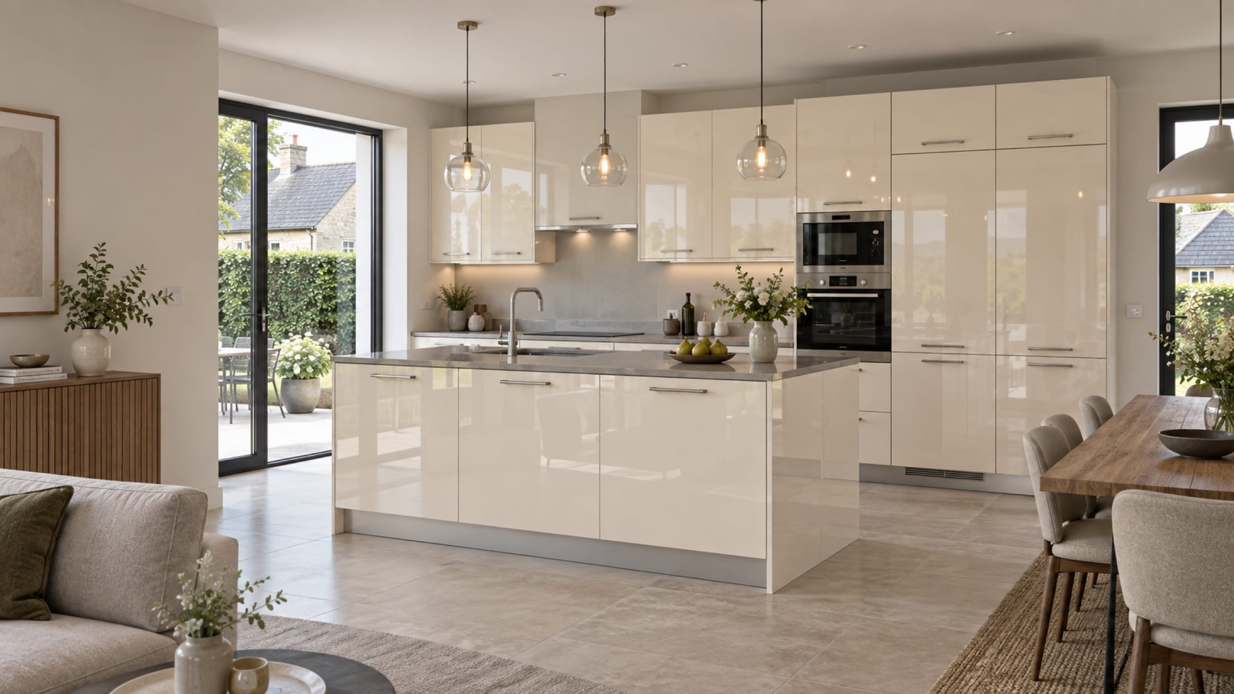 Cuisine ouverte sur le séjour aux façades PET brillant Magnolia