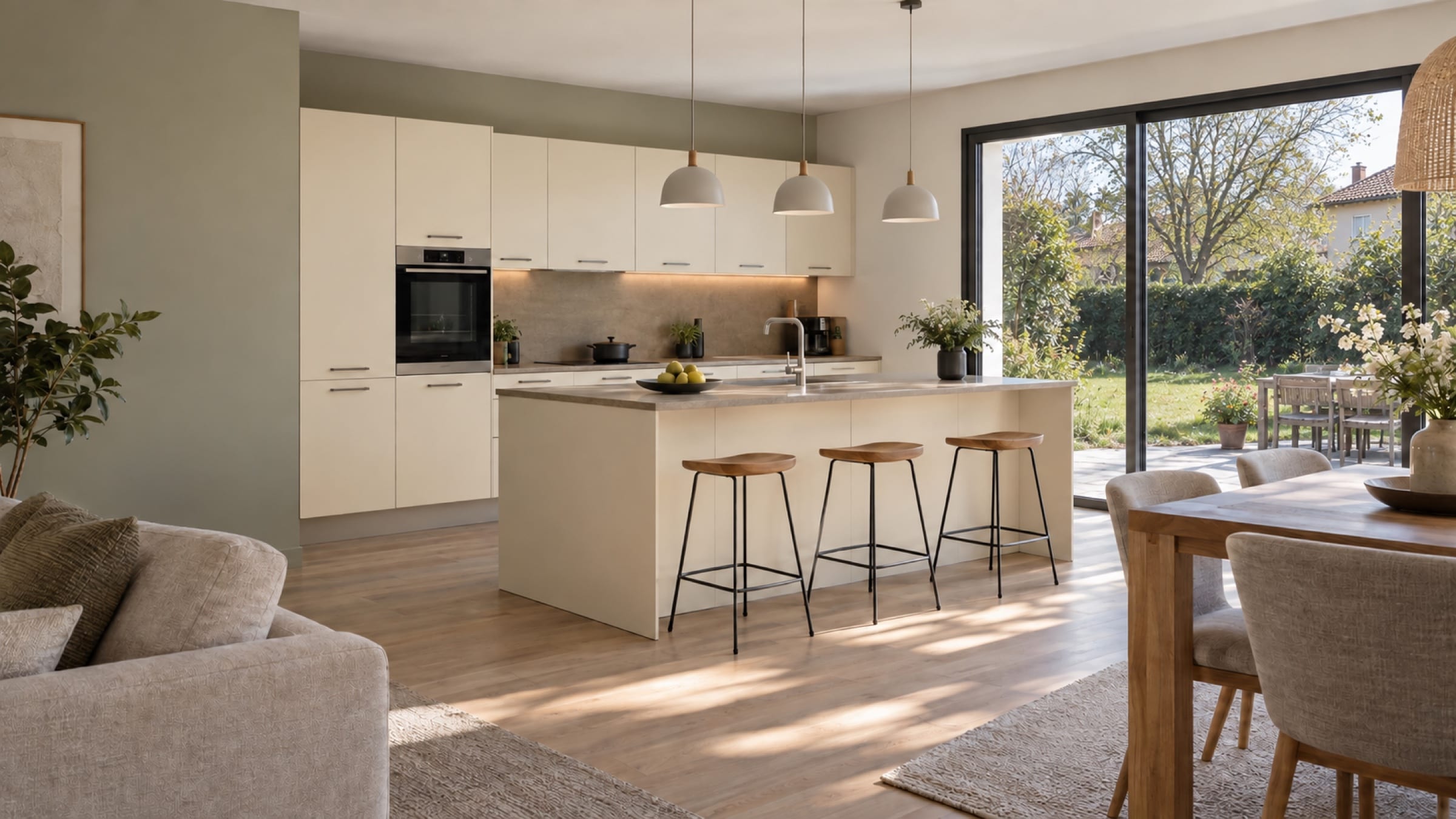 Cuisine ouverte sur le séjour aux façades PET mat Magnolia