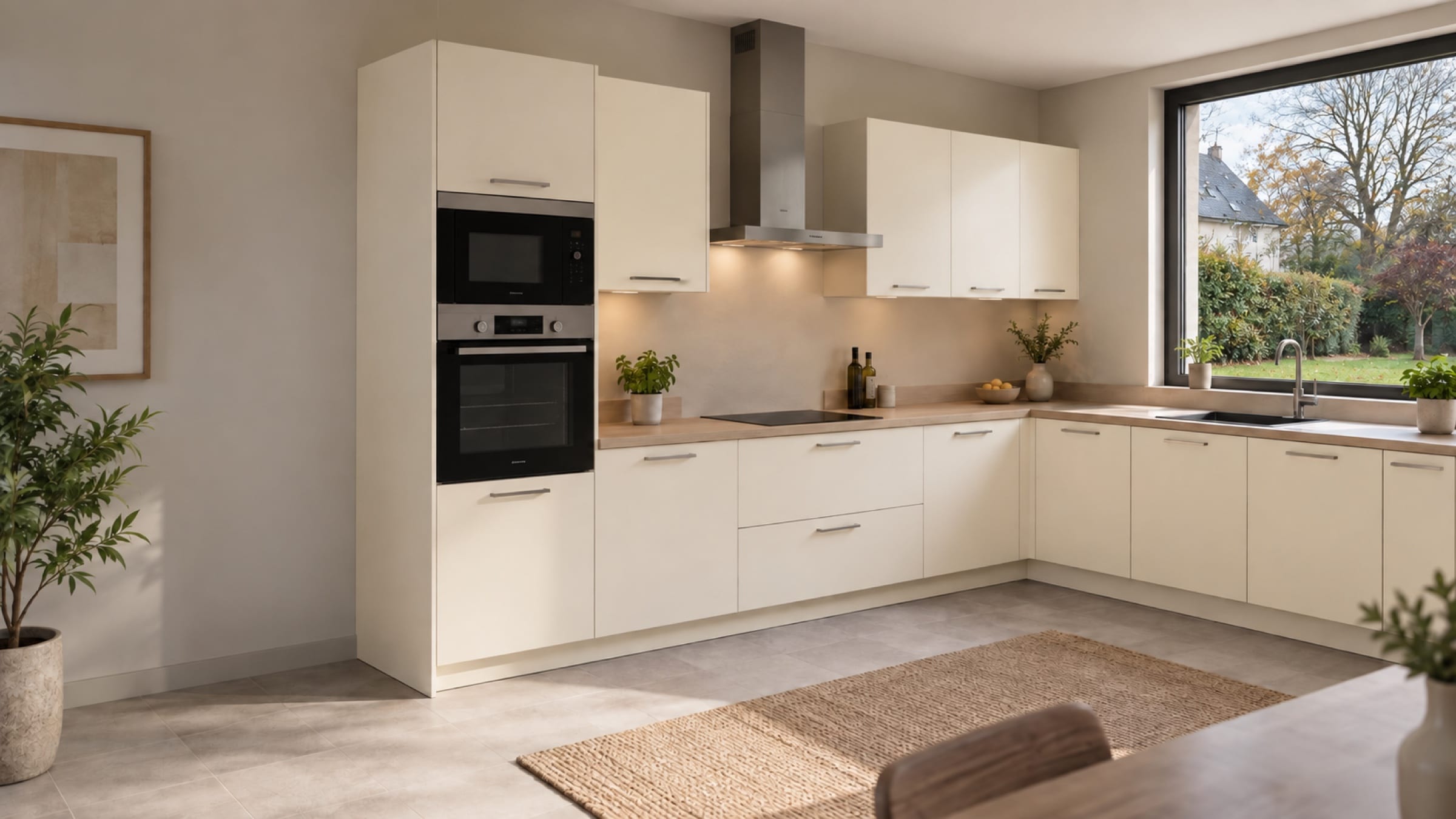 Cuisine en&nbsp;L sur deux murs aux façades Polylaminé Magnolia
