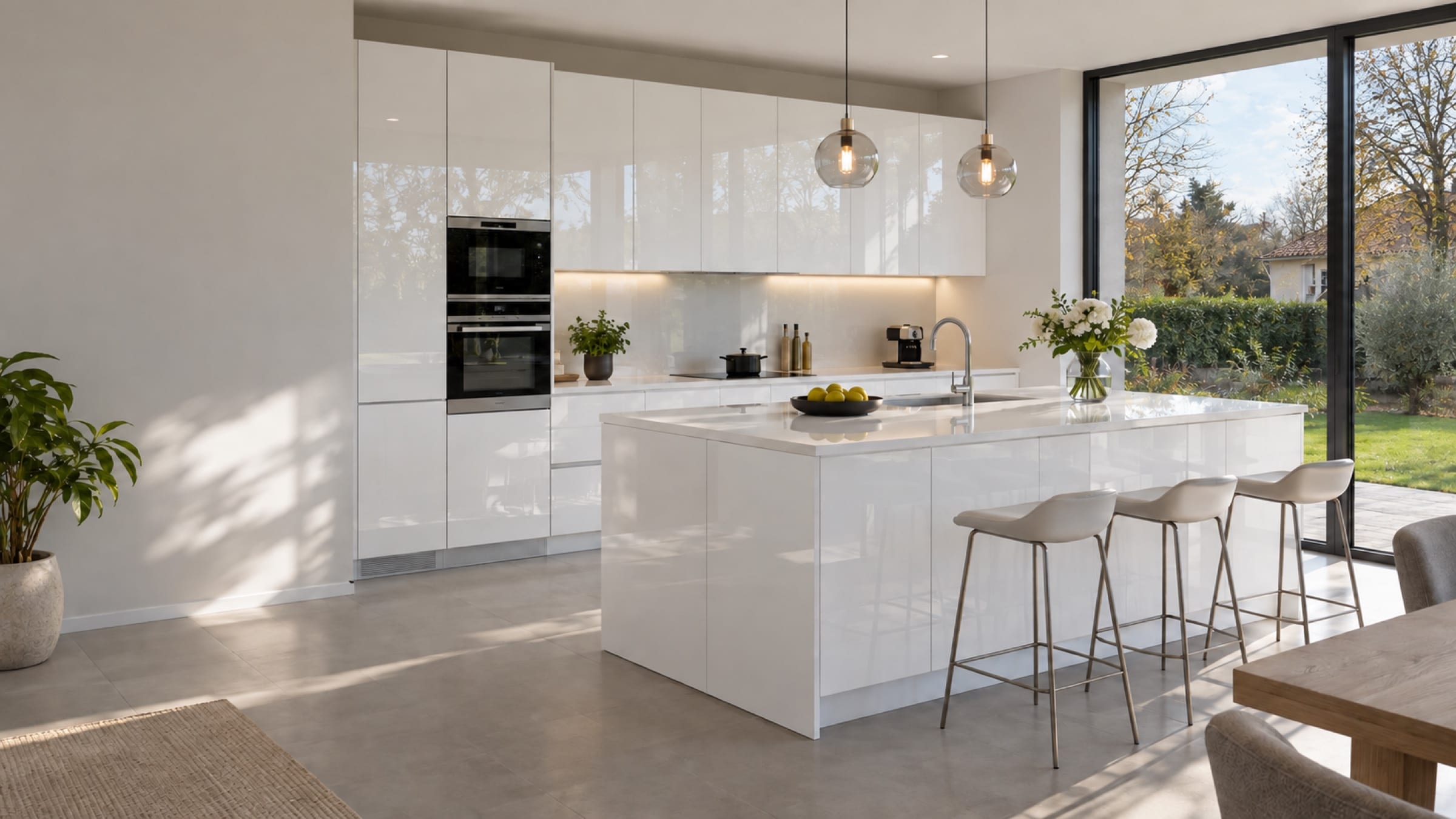 Cuisine avec îlot central aux façades Laqué brillant Blanc pur