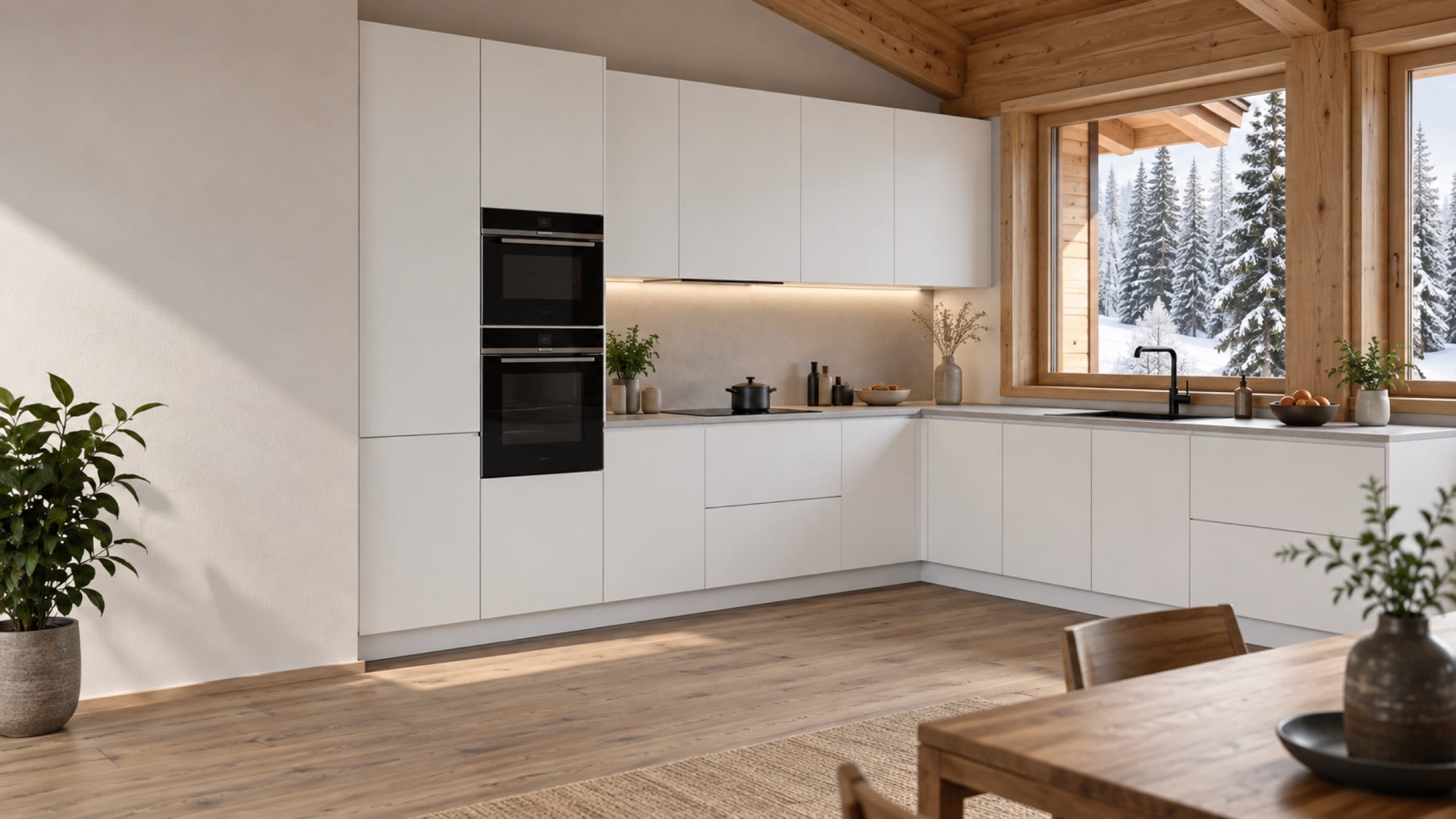 Cuisine en&nbsp;L sur deux murs aux façades Laqué mat Blanc pur