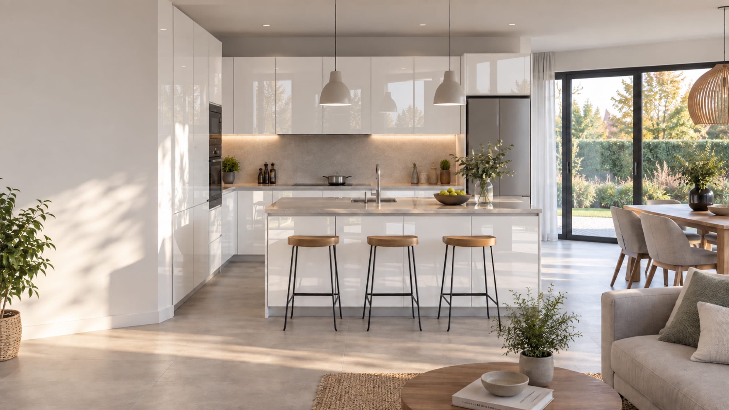 Cuisine ouverte sur le séjour aux façades Luxe brillant Blanc