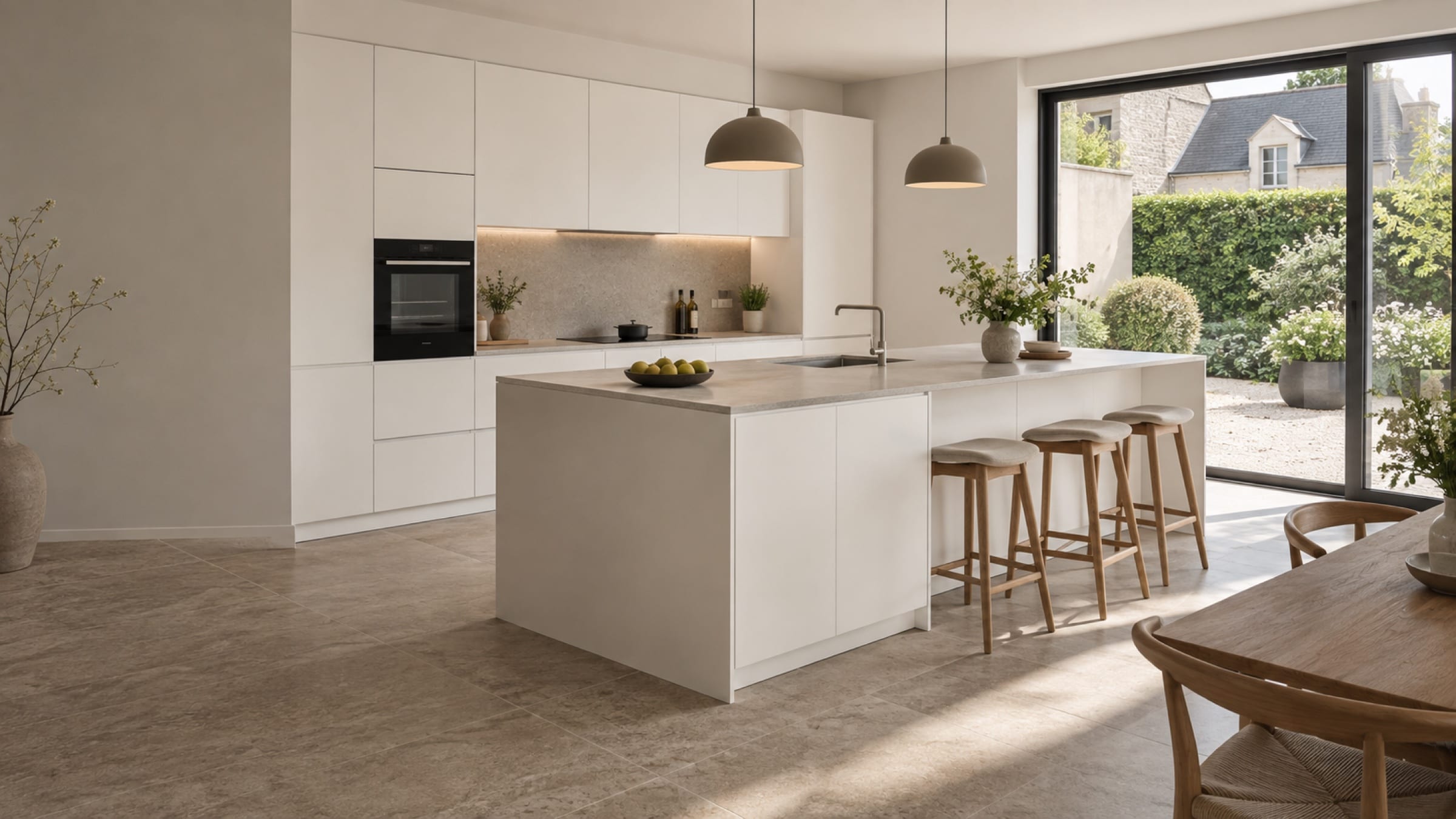 Cuisine avec îlot central aux façades Mattdeco mat Blanc