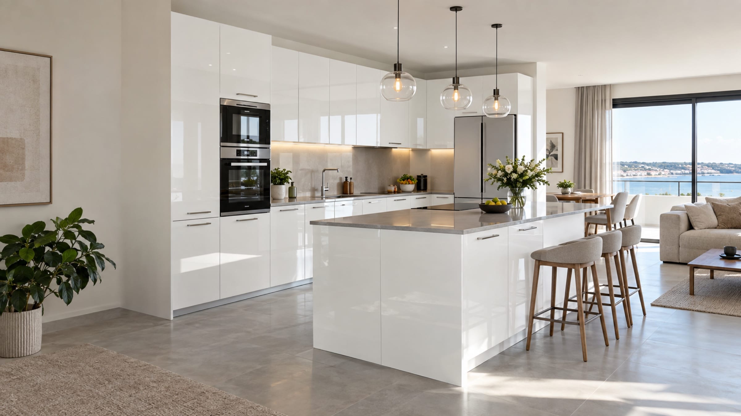 Cuisine ouverte sur le séjour aux façades PET brillant Blanco