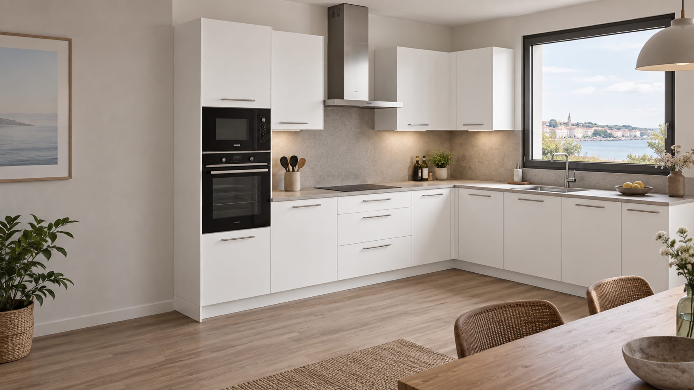 Cuisine en&nbsp;L sur deux murs aux façades PET mat Blanco