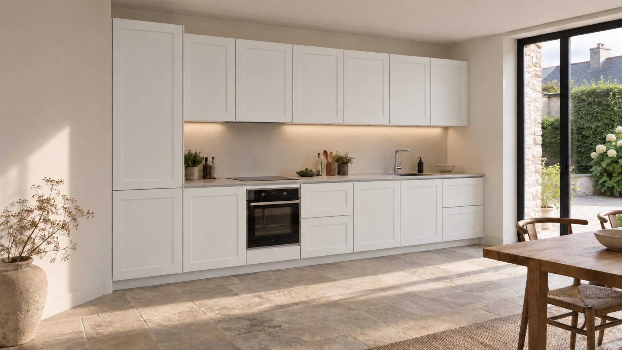 Cuisine linéaire en&nbsp;I sur un mur aux façades Quadro Slim Blanc mat