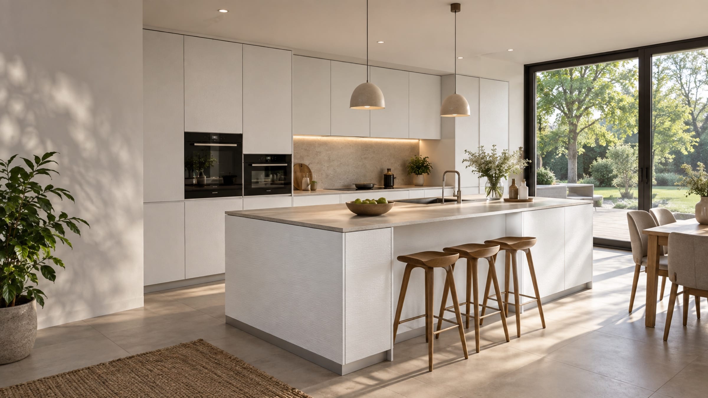 Cuisine en&nbsp;U sur trois murs aux façades Syncron Blanco Polar AV