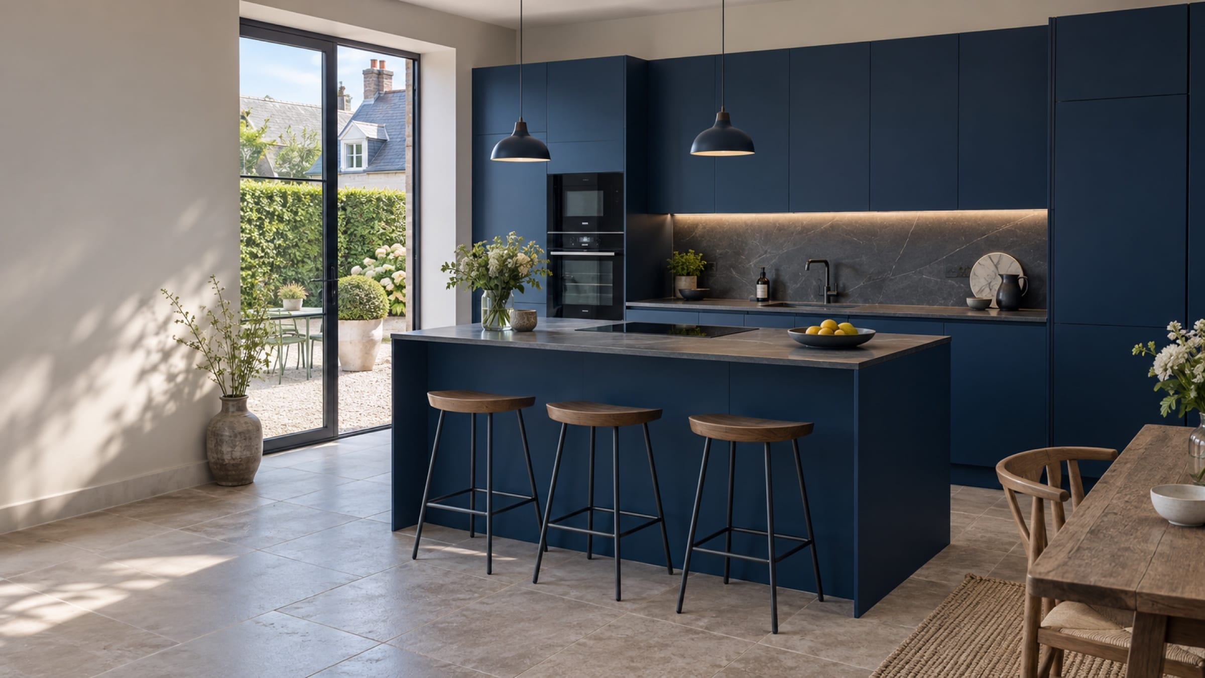 Cuisine bleue aux façades Laqué mat Bleu canard