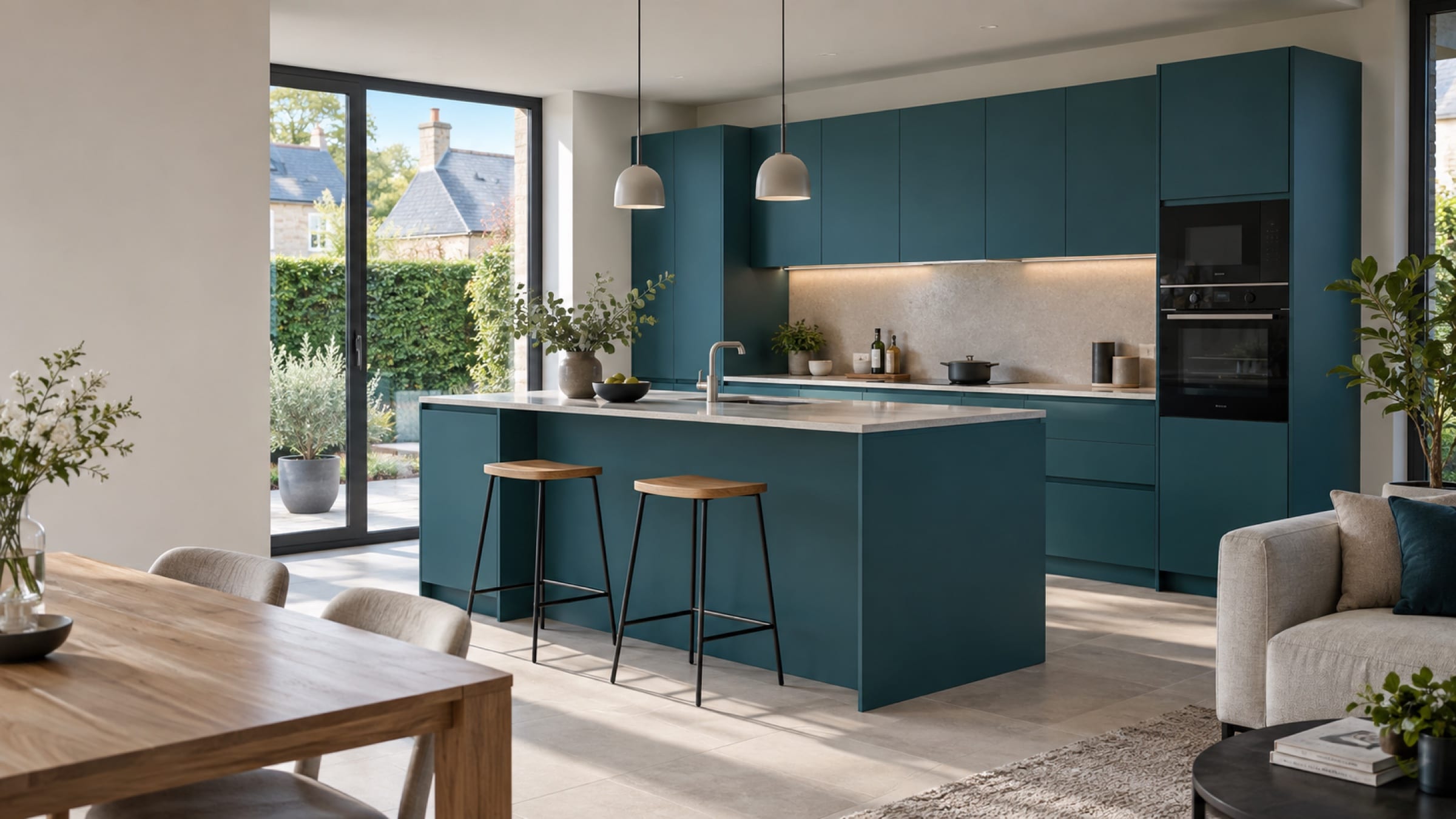 Cuisine ouverte sur le séjour aux façades Laqué mat Bleu canard