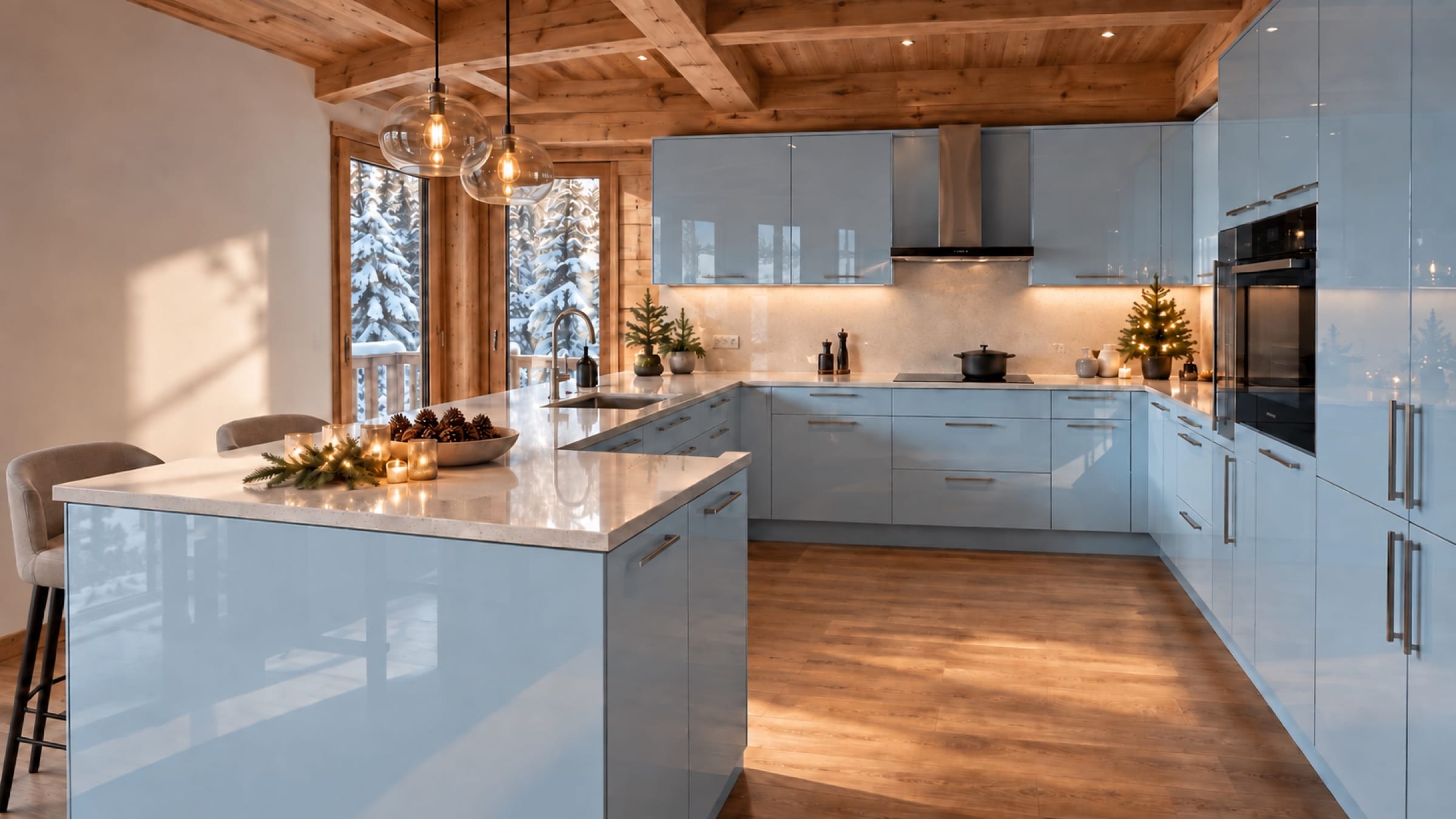 Cuisine en&nbsp;U sur trois murs aux façades Luxe brillant Ice Blue