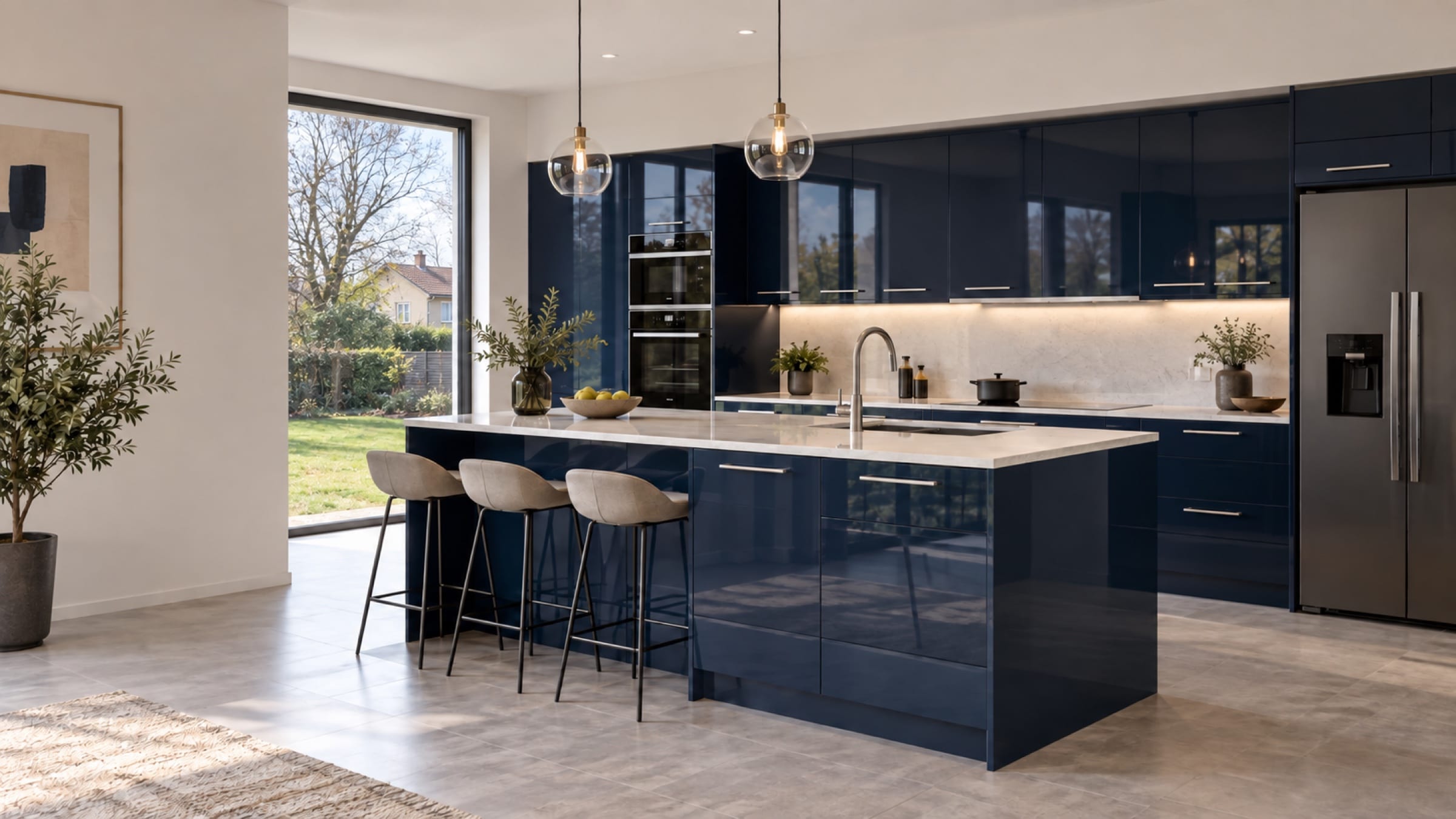Cuisine avec îlot central aux façades PET brillant Azul Marino