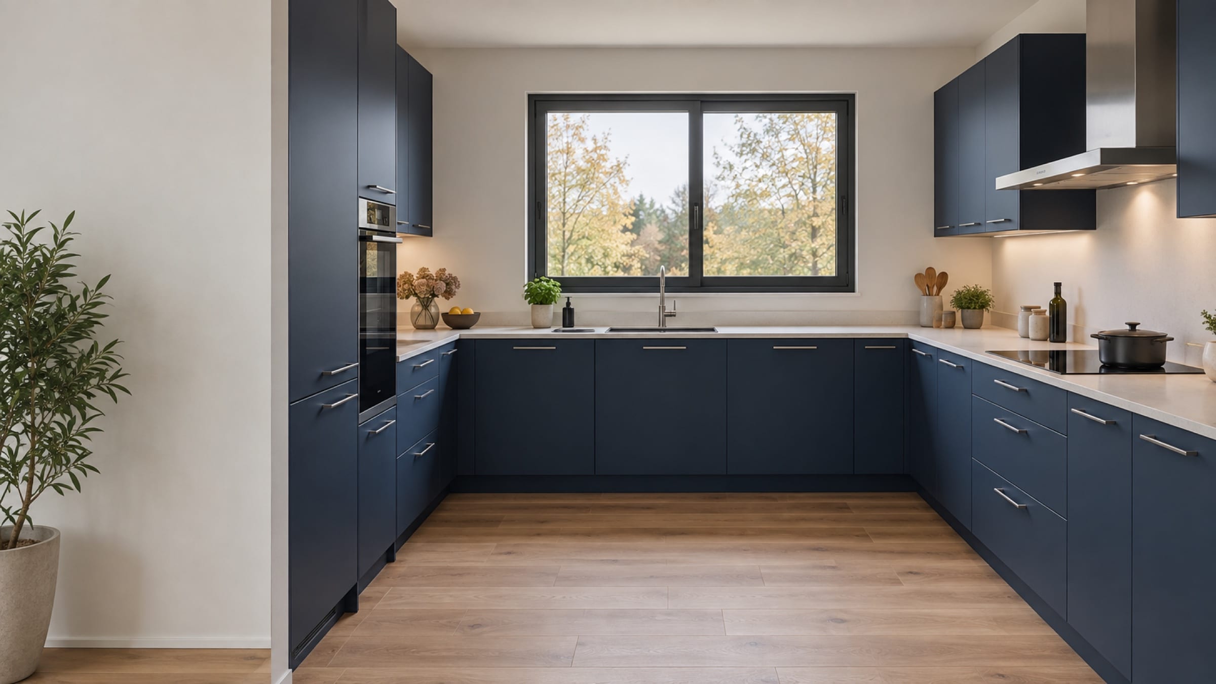 Cuisine en&nbsp;U sur trois murs aux façades PET mat Azul Marino