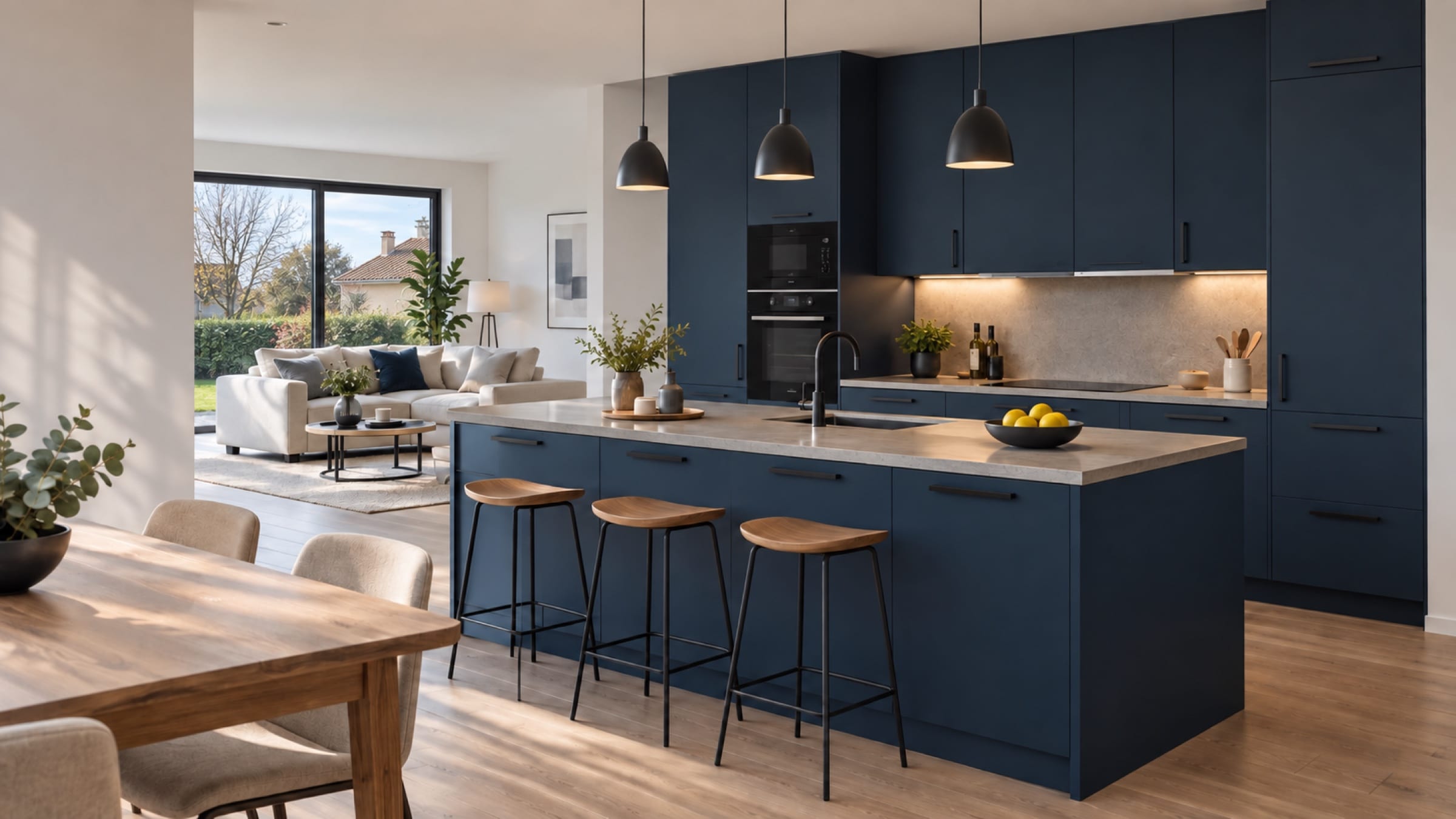 Cuisine ouverte sur le séjour aux façades Polylaminé Azul Marino