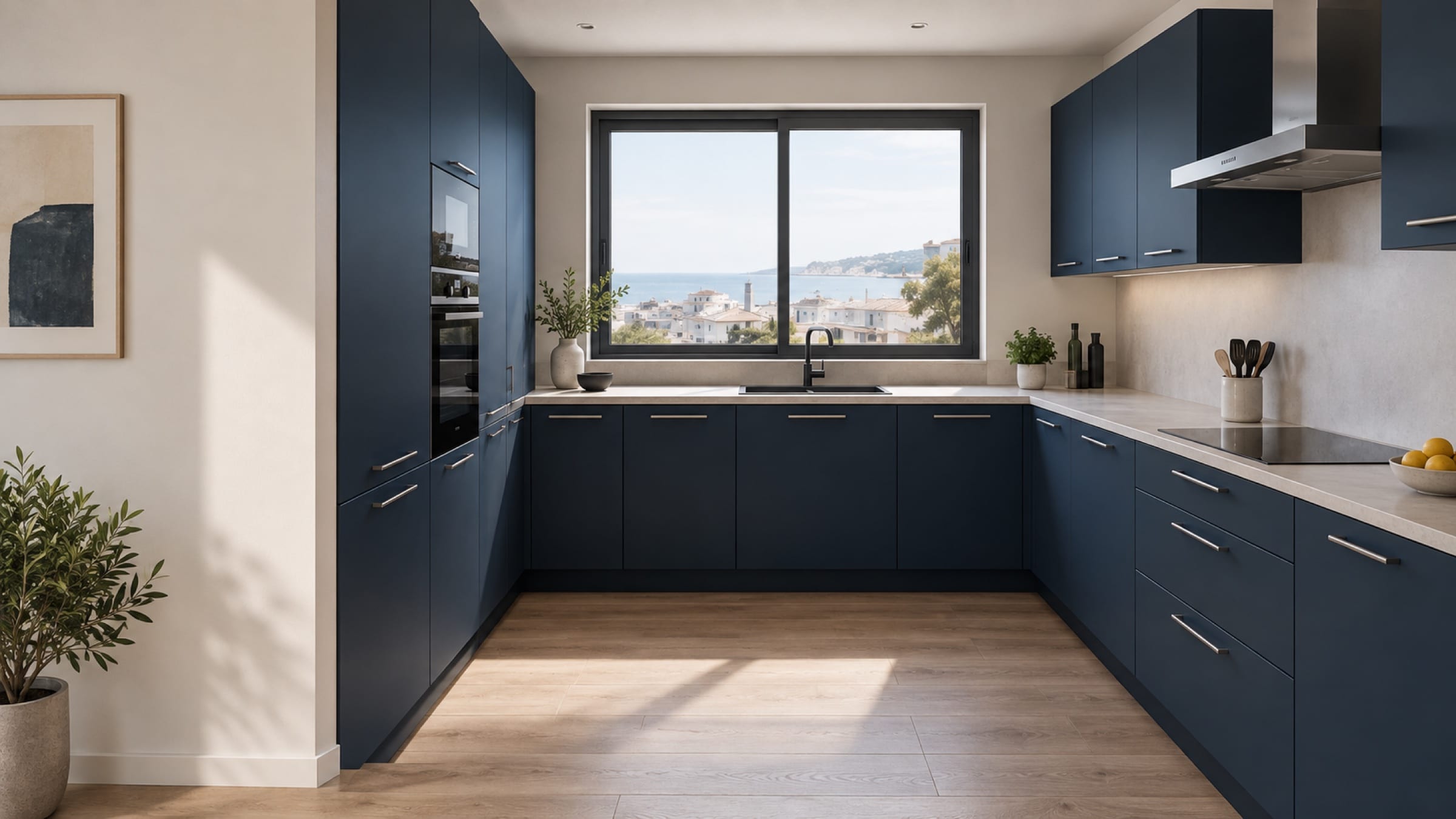 Cuisine en&nbsp;U sur trois murs aux façades TR-Max Azul Marino