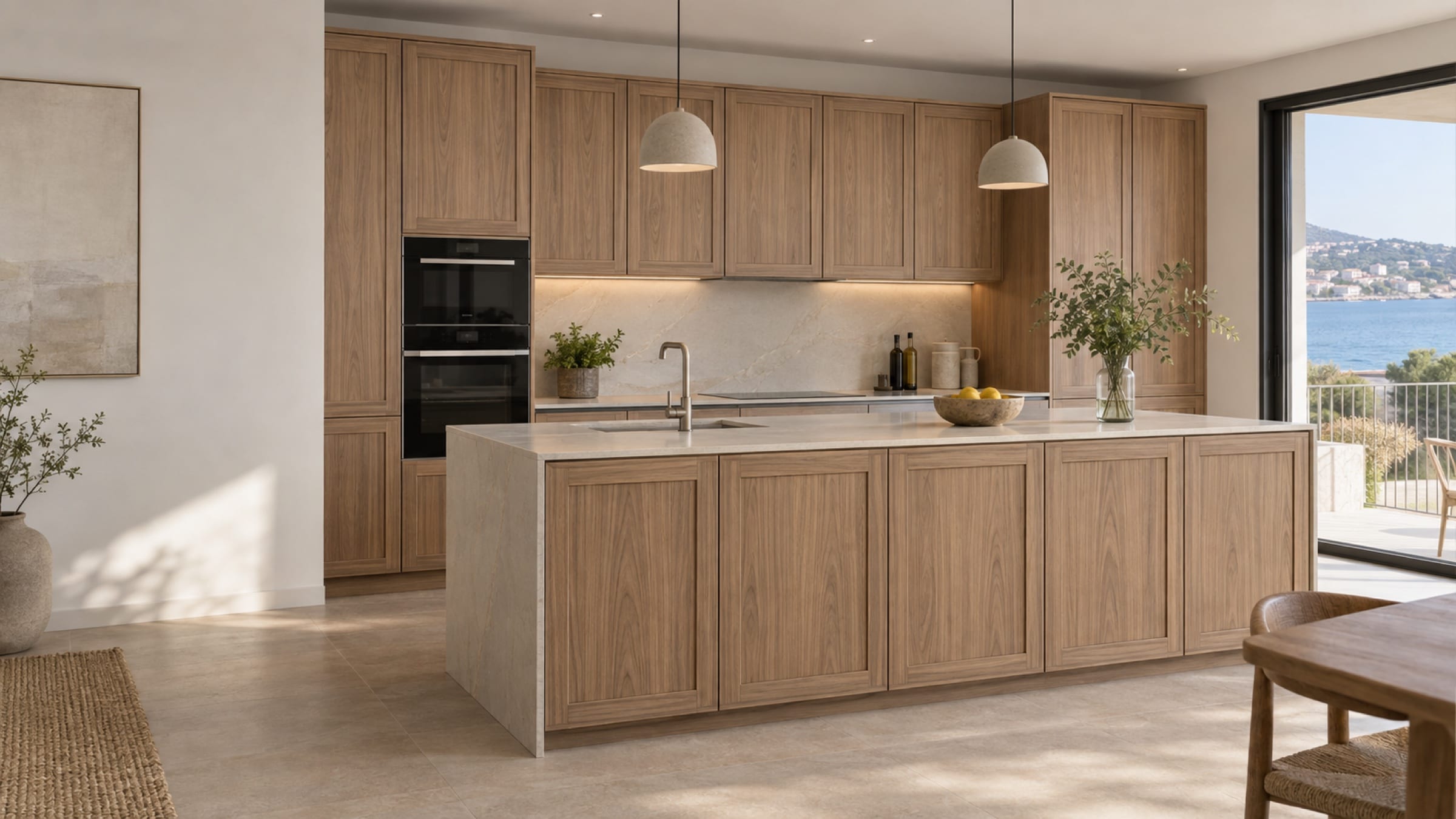 Cuisine avec îlot central aux façades Quadro Slim Effet bois texturé
