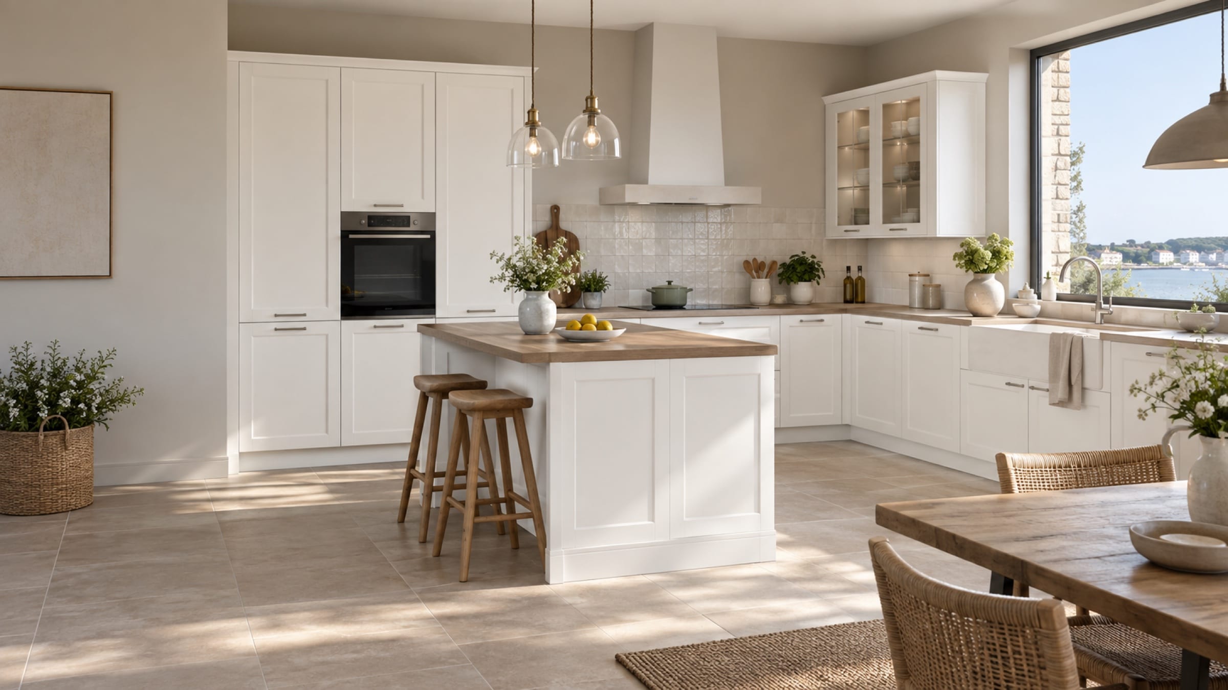 Cuisine campagne chic aux façades Quadro Slim Blanc mat