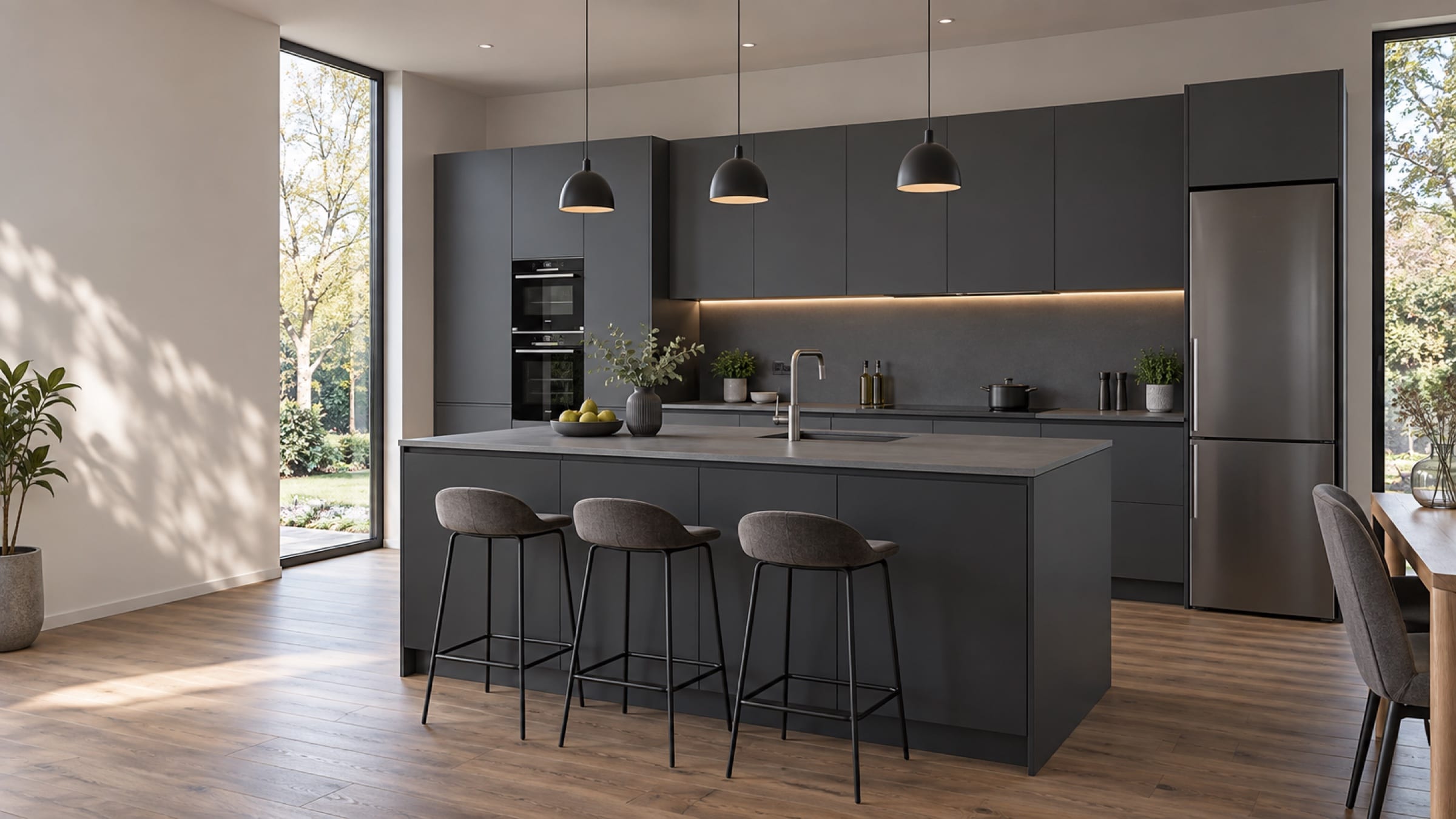 Cuisine avec îlot central aux façades Laqué mat Gris ardoise