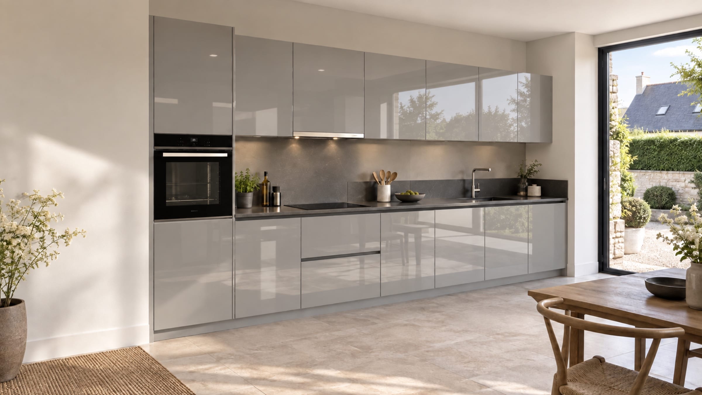 Cuisine linéaire en&nbsp;I sur un mur aux façades Luxe brillant Gris Nuage