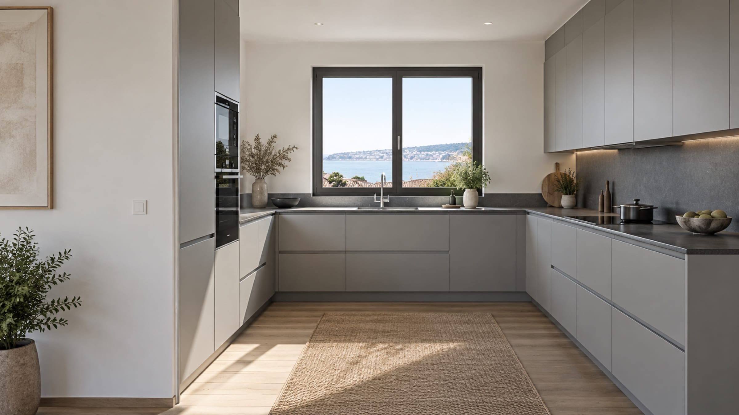 Cuisine en&nbsp;U sur trois murs aux façades Mattdeco mat Gris Nuage