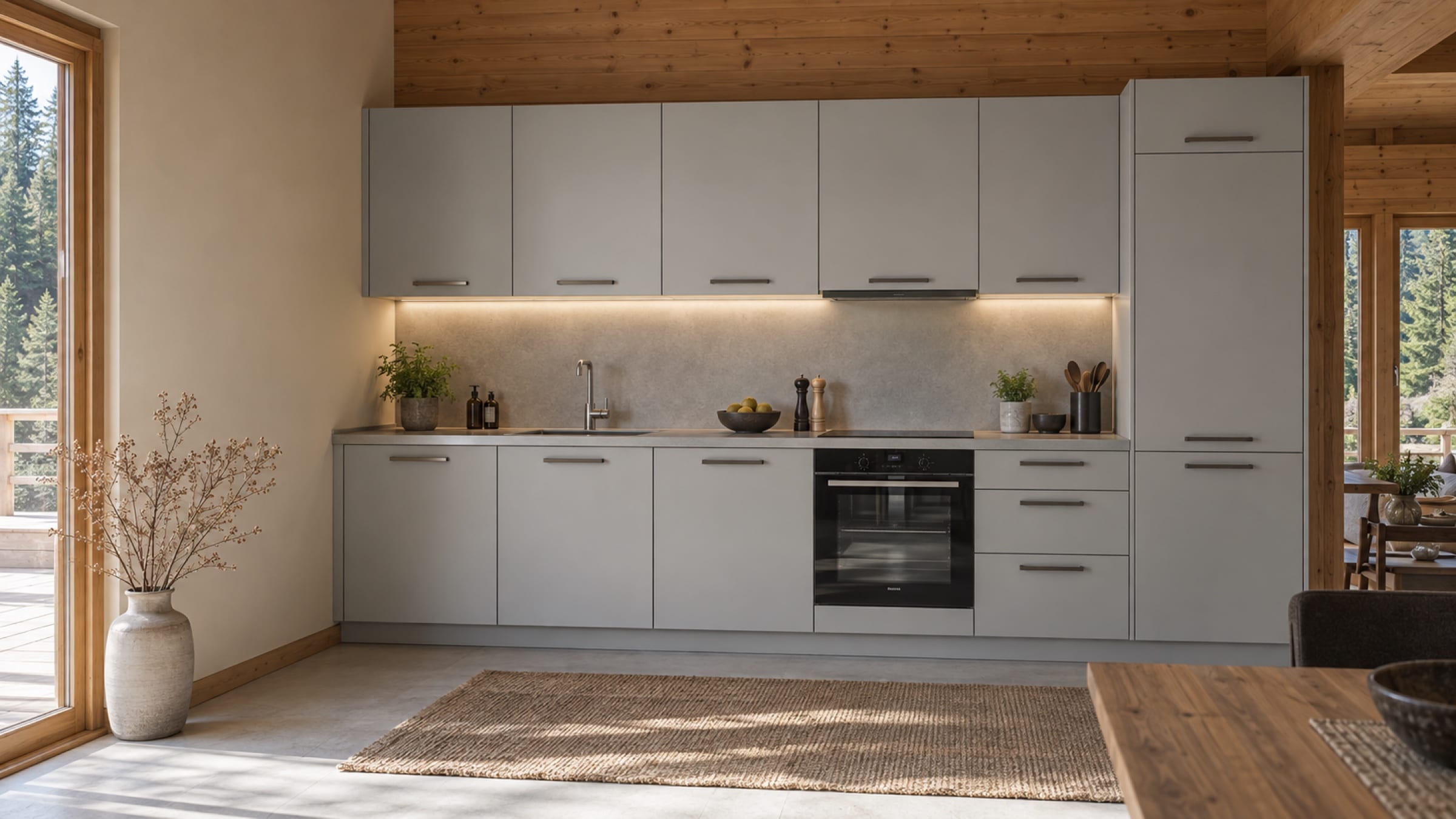 Cuisine linéaire en&nbsp;I sur un mur aux façades PET mat Gris Perla
